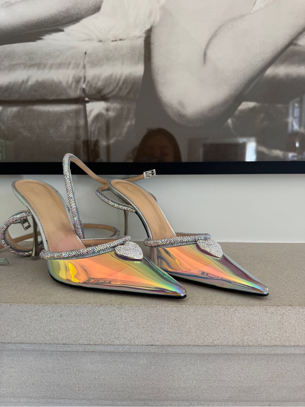 Iridescent Pointed-Toe Slingback Heels with Rhinestone Trim - Women